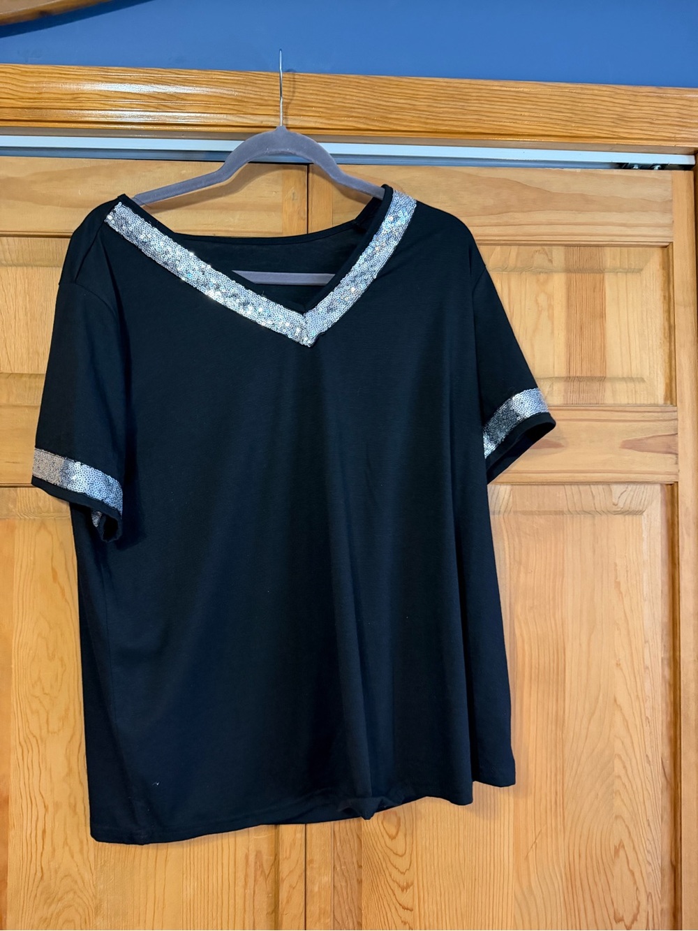 SHEIN Black V-Neck Short Sleeve Top with Silver Sequin Trim
